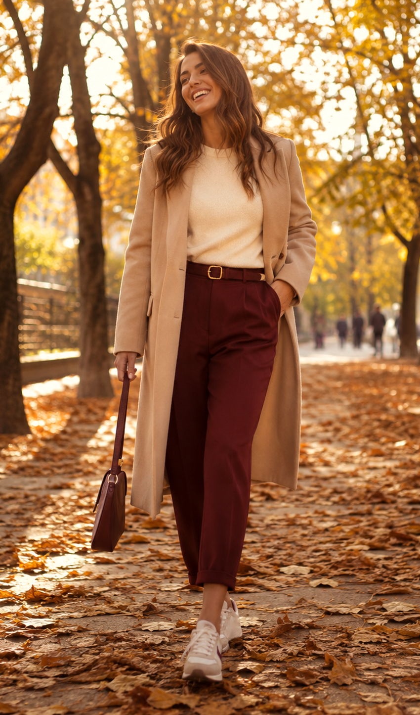 Mujer sonriendo en un paseo de otoño con hojas doradas